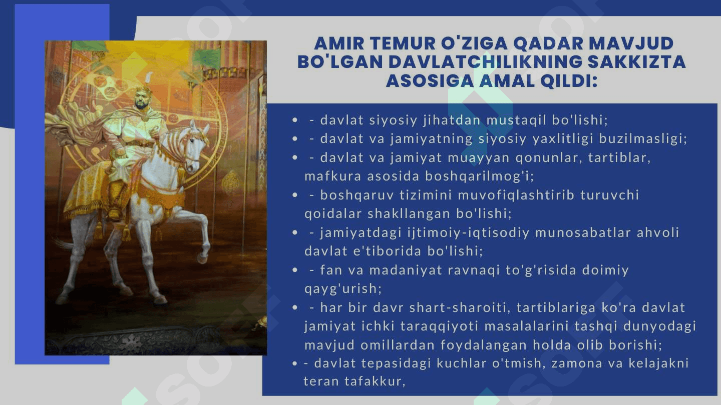 Amir Temurning boshqaruv tamoyillari: adolat, tartib va siyosiy zakovat | Taqdimot | Mustaqil ish | 1-kurs 7