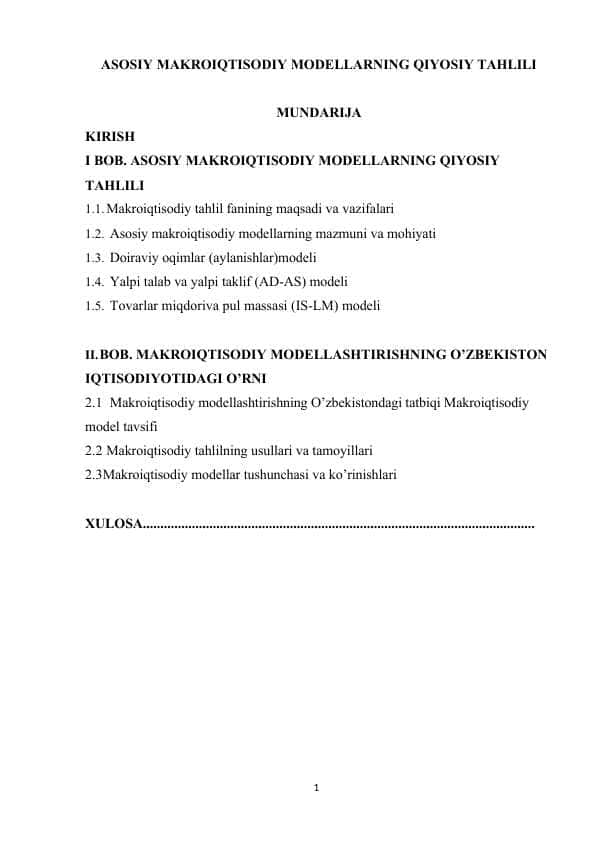 ASOSIY MAKROIQTISODIY MODЕLLARNING QIYOSIY TAHLILI
