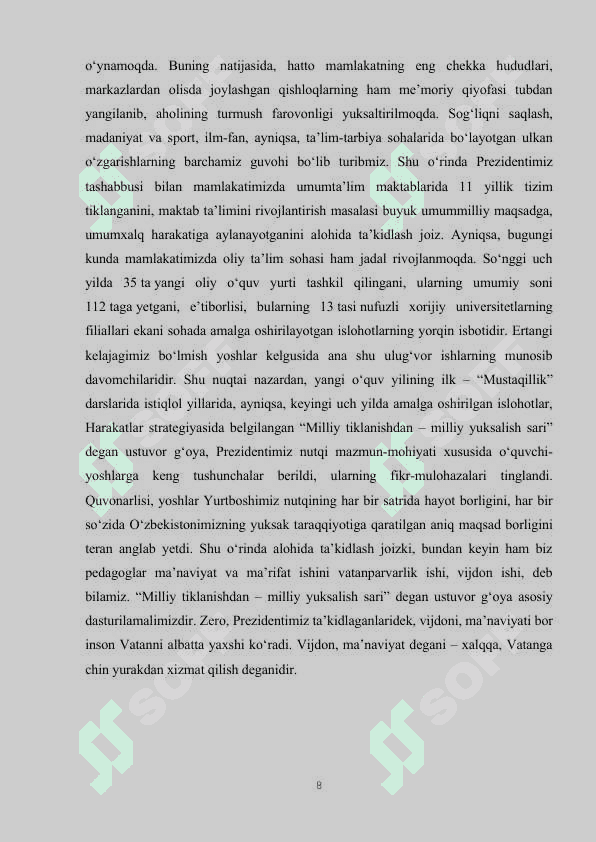 Yangilanayotgan O'zbekistonda milliy tiklanishda –milliy yuksalish sari 8