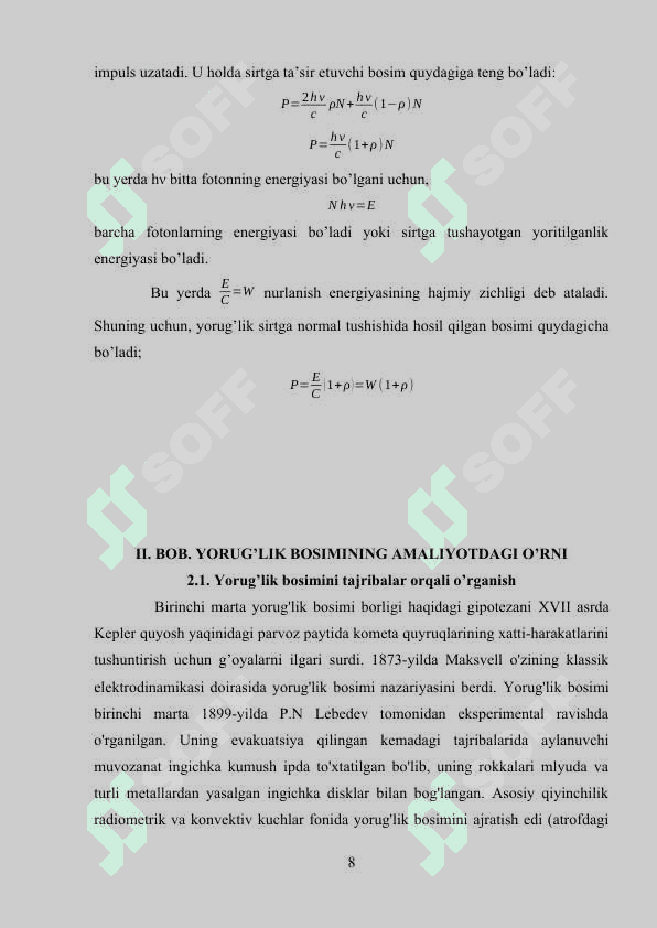 YORUG’LIK BOSIMI VA UNING   AMALIYOTDA QO’LLANISHI 8