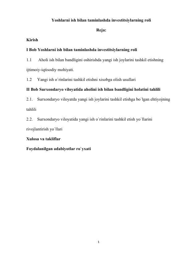 Yoshlarni ish bilan taminlashda investitsiylarning roli