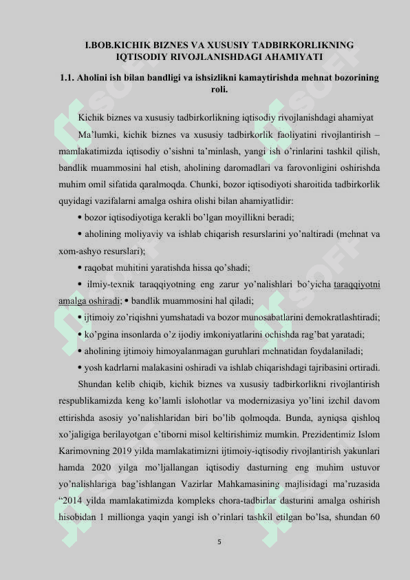 Xususiy tadbirkorlikning aholini ish bilan ta’minlashdagi o’rni 5