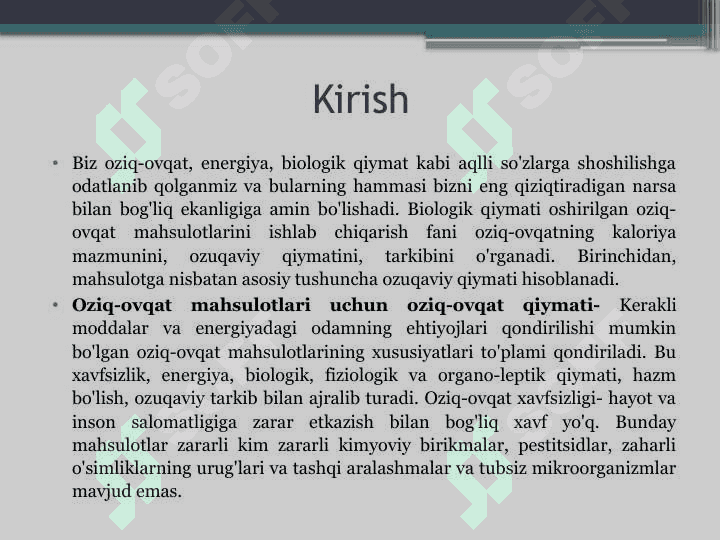 Qiymati oshirilgan oziq-ovqat mahsulaotlari ishlab chiqarish texnologiyasi faniga kirish 2