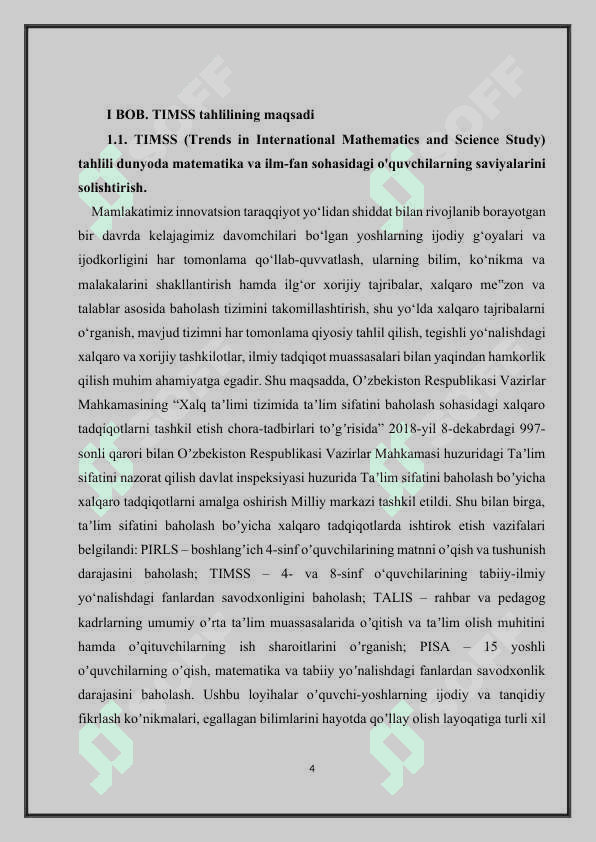 Umumta’lim maktablari o‘quvchilarining matematika va tabiiy fanlar bo‘yicha baholash xalqaro tadqiqot TIMSS (Trends in Mathematics and Science Study) 4