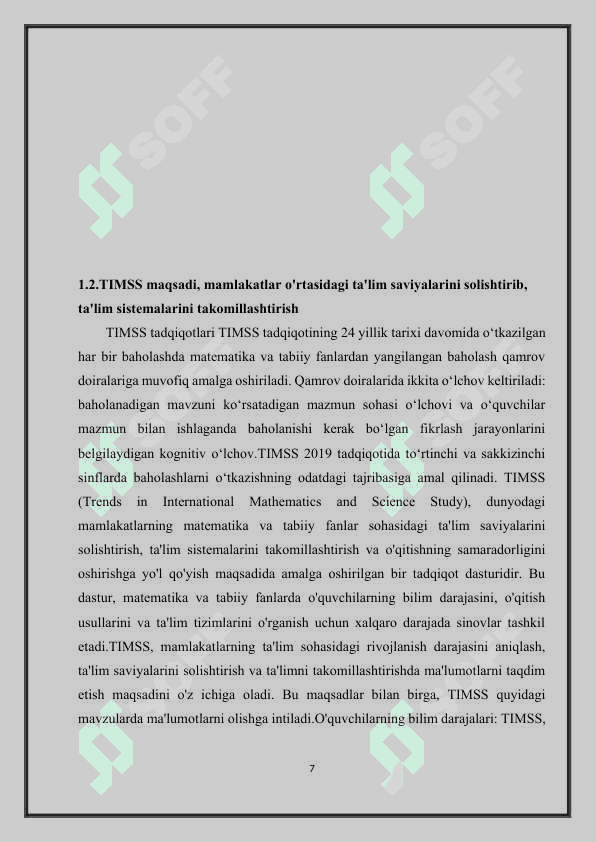 Umumta’lim maktablari o‘quvchilarining matematika va tabiiy fanlar bo‘yicha baholash xalqaro tadqiqot TIMSS (Trends in Mathematics and Science Study) 7