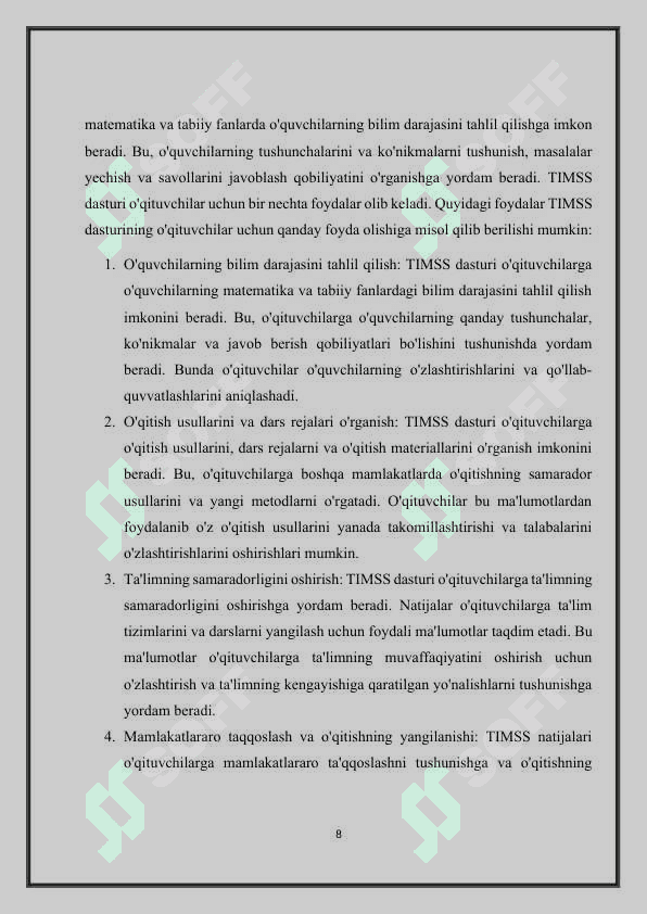 Umumta’lim maktablari o‘quvchilarining matematika va tabiiy fanlar bo‘yicha baholash xalqaro tadqiqot TIMSS (Trends in Mathematics and Science Study) 8