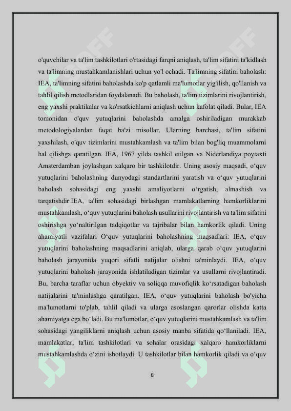 O‘quv yutuqlarini baholash xalqaro Assotsiatsiyasining sekretariati (IEA, Niderlandiya) mavzusi bo‘yicha 8