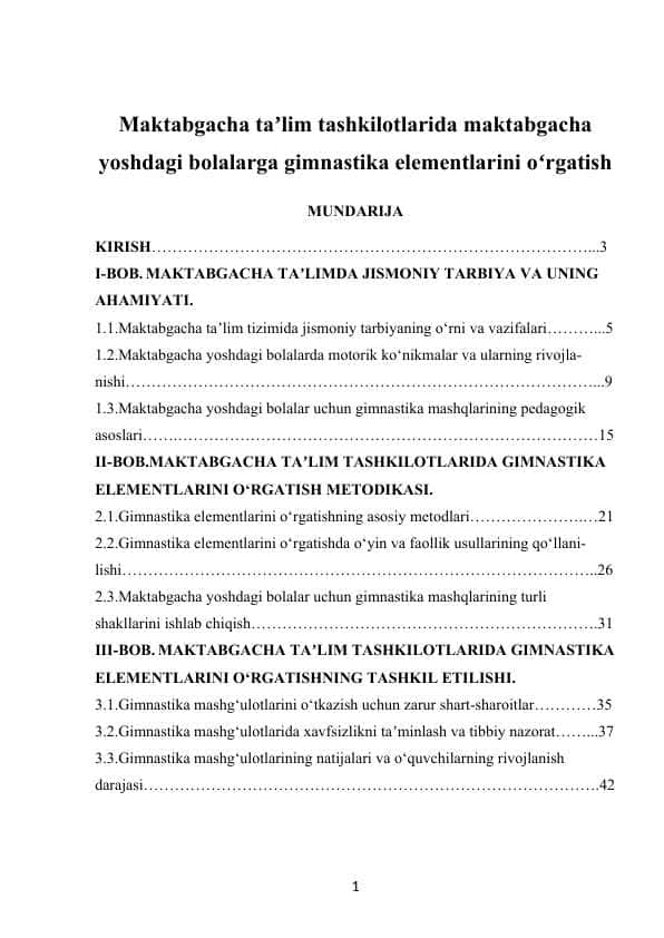 Maktabgacha taʼlim tashkilotlarida maktabgacha yoshdagi bolalarga gimnastika elementlarini oʻrgatish