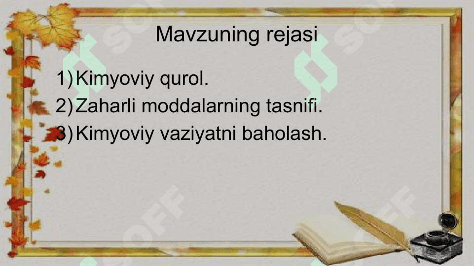 Kimyoviy qurol.Zaharli moddalarning tasnifi.Kimyoviy vaziyatni baholash. 3