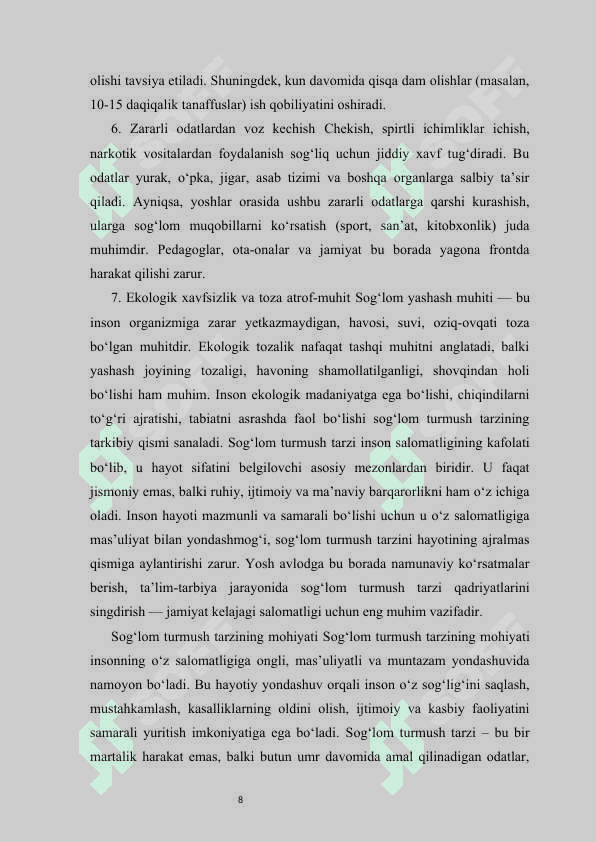 O‘quvchi yoshlar o‘rtasida sog‘lom turmush tarzini shakllantirish dolzarb muammo sifatida 8