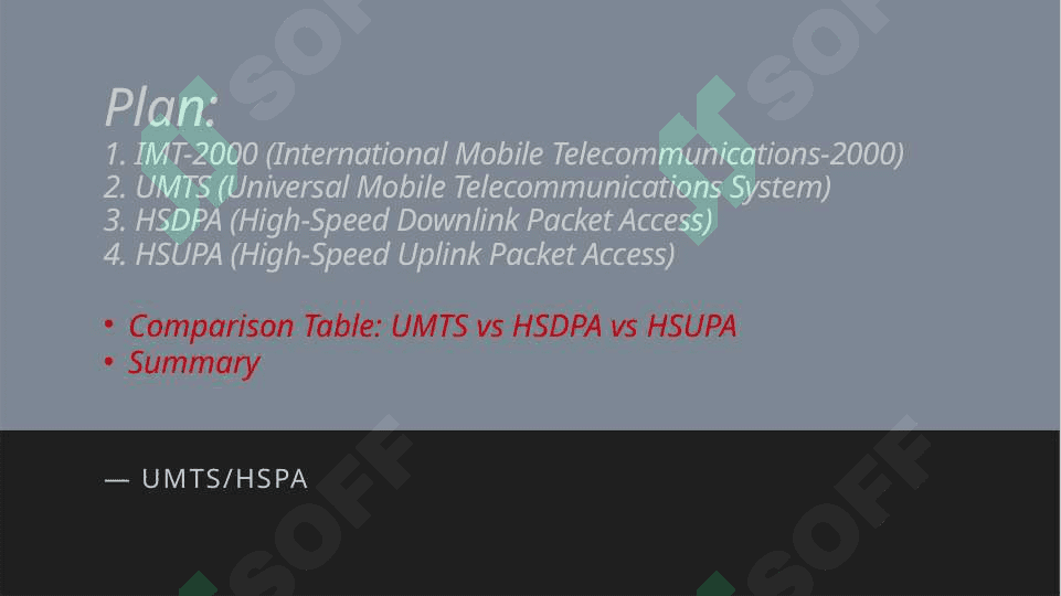IMT-2000 family of standards. UMTS universal mobile telecommunication system. HSDPA and HSUPA technologies.  Plan: 1. IMT-2000 (International Mobile Telecommunications-2000) 2. UMTS (Universal Mobile Telecommunications System) 3. HSDPA (High-Speed Downlink Packet Access) 4. HSUPA (High-Speed Uplink Packet Access) Comparison Table: UMTS vs HSDPA vs HSUPA Summary 2