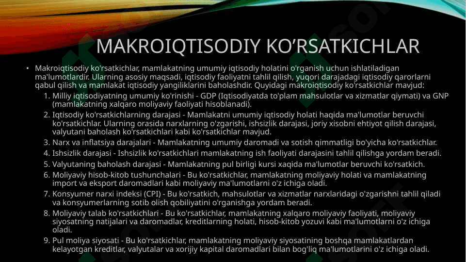 Milliy iqtisodiyot tushunchasi Makroiqtisodiy ko'rsatkichlar YalM va SMM Milliy mahsulot harakat shakllari 7