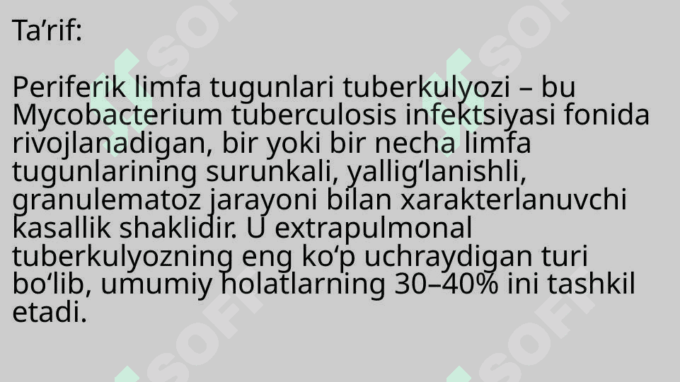 Periferik limfa tugunlari tuberkulyozi. Limfoadenopatiyani tuberkulyoz va boshqa kasalliklarda qiyosiy tashhislash. 3