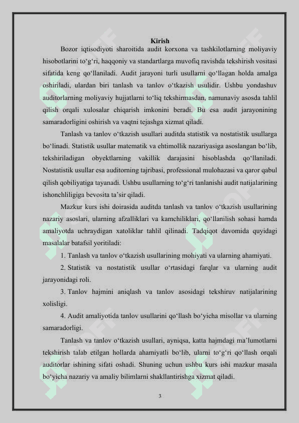 Auditda tanlash va tanlov o‘tkazish usullari Kurs ishi 3