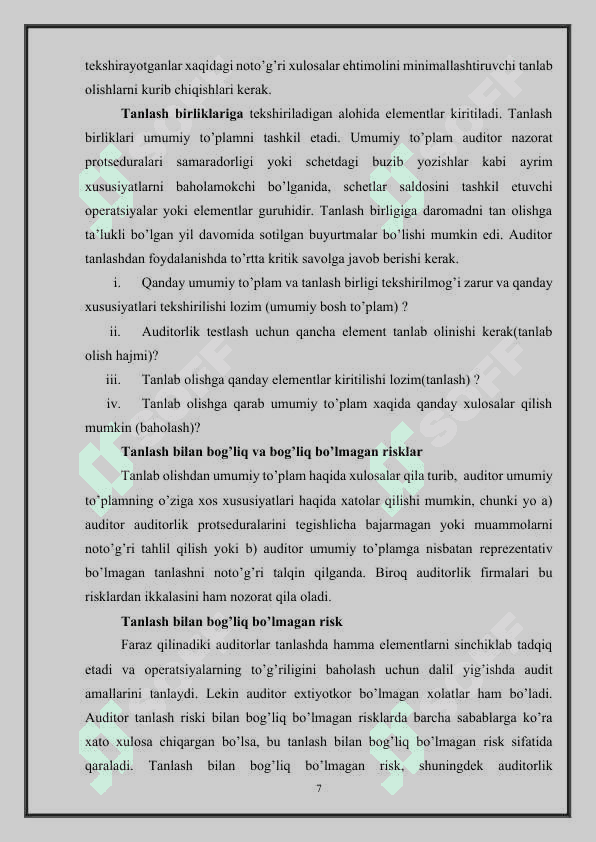 Auditda tanlash va tanlov o‘tkazish usullari Kurs ishi 7