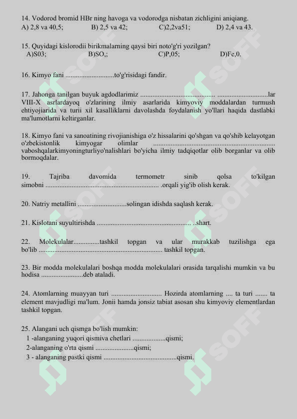 Kimyo test 7-sinf  1- test 1