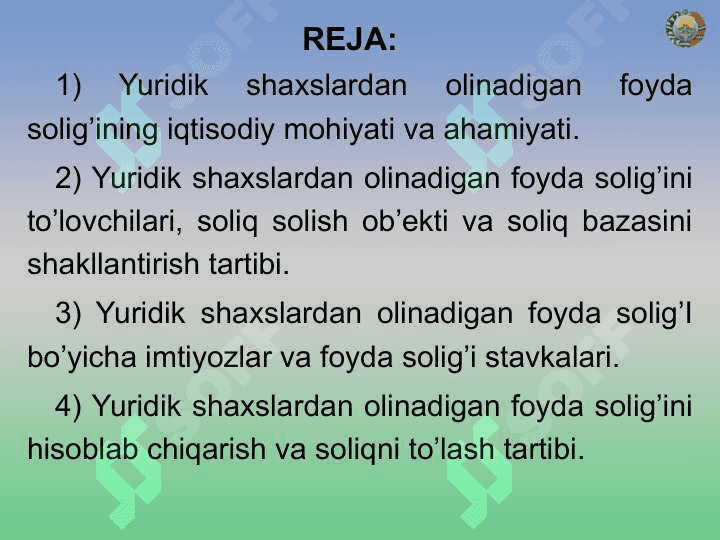 Yuridik shaxslardan olinadigan foyda solig‘i 2