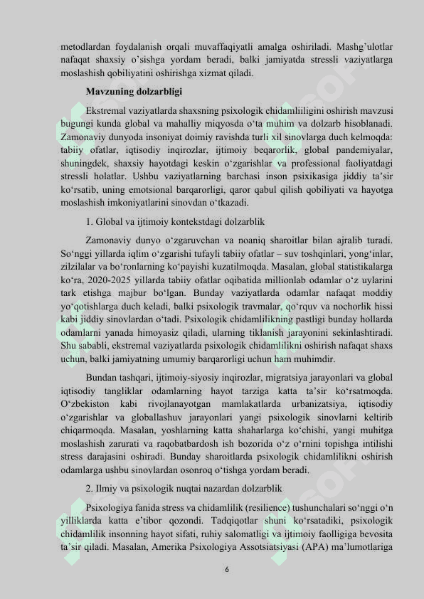 Mavzu: “Ekstrimal vaziyatlarda shaxsning psixologik chidamlliligin oshirish” kurs ishi 6