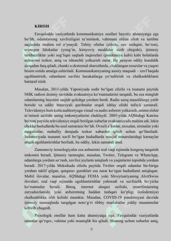 Mavzu: “Favqulotda vaziaytlarda kommunikatsiya usullarining oʻziga xosligi” kurs ishi 3