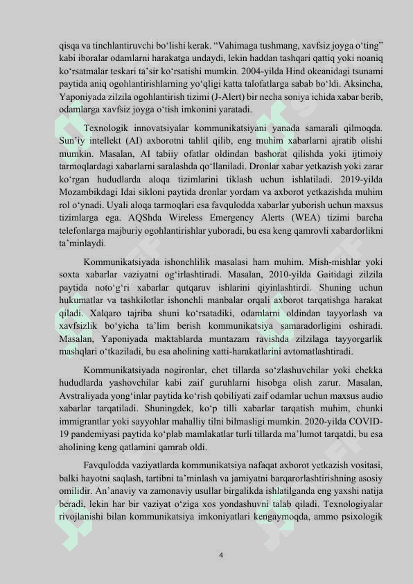 Mavzu: “Favqulotda vaziaytlarda kommunikatsiya usullarining oʻziga xosligi” kurs ishi 4