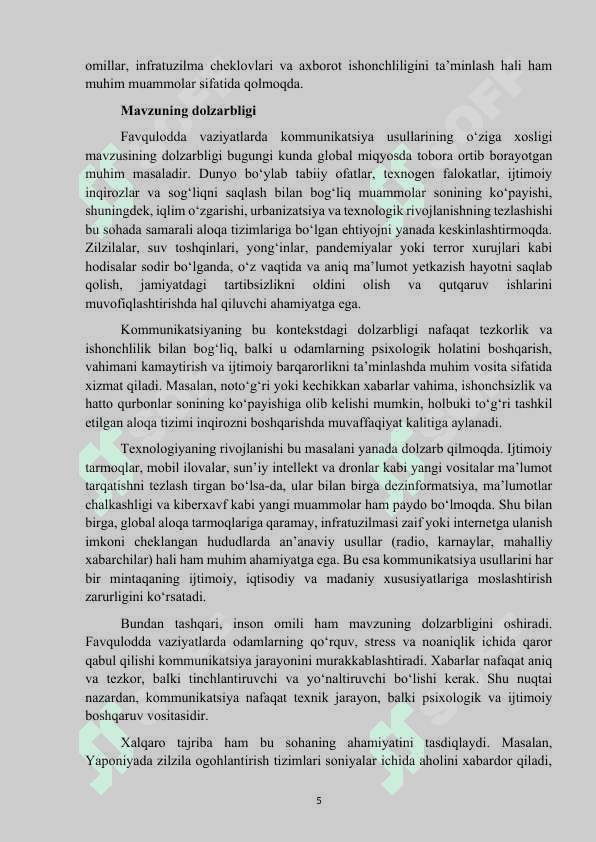 Mavzu: “Favqulotda vaziaytlarda kommunikatsiya usullarining oʻziga xosligi” kurs ishi 5