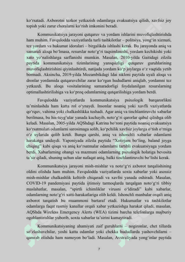 Mavzu: “Favqulotda vaziaytlarda kommunikatsiya usullarining oʻziga xosligi” kurs ishi 7