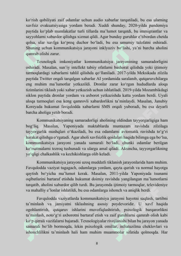 Mavzu: “Favqulotda vaziaytlarda kommunikatsiya usullarining oʻziga xosligi” kurs ishi 8