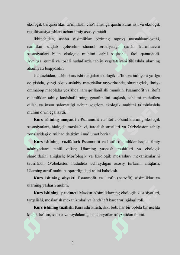 Psammofit va litofit (petrofit) o‘simliklarning ekologik xususiyatlari. 5