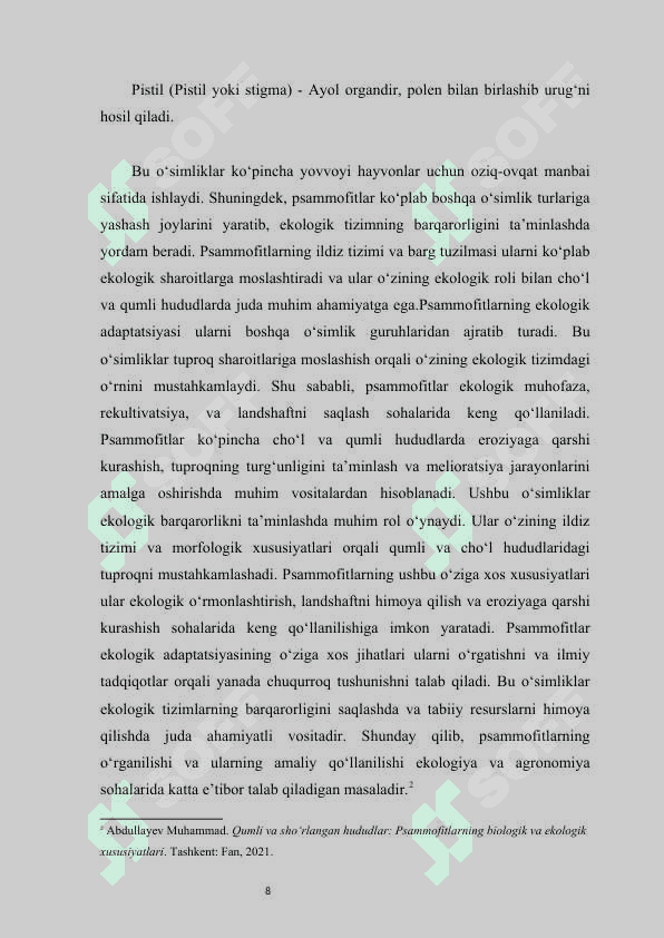 Psammofit va litofit (petrofit) o‘simliklarning ekologik xususiyatlari. 8