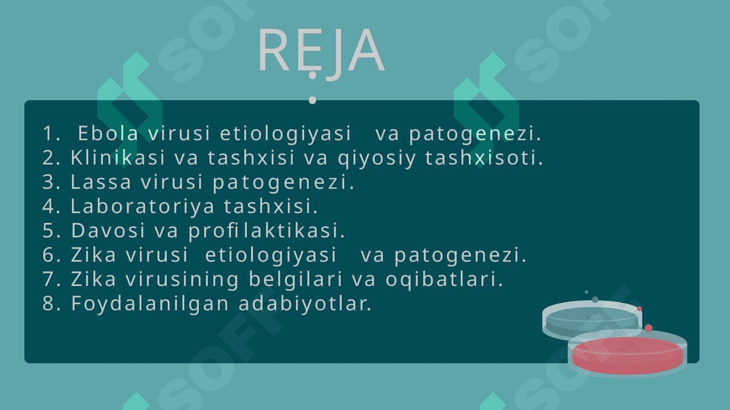Ebola, Lassa, Zika viruslari, kasallik patogenezi, laborator tashxisi. 2