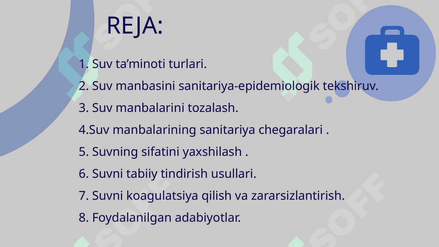 Mahalliy va markazlashgan suv ta’minoti haqida tushuncha, ularning gigiyenik ahamiyati. Ichimlik suvining sifatini yaxshilashdagi asosiy usullar. 2