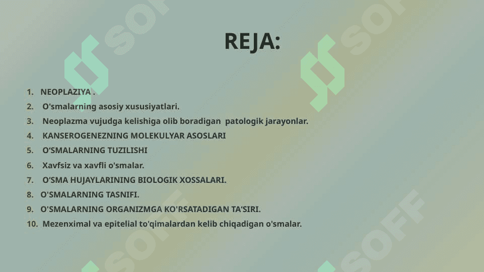 Neoplaziya. Kanserogenezni molekulyar asoslari. O'sma o'sish biologiyasi: yaxshi sifatli va yomon sifatli o'smalar. Kanserogen agentlar va ularning hujayralar bilan o'zaro ta'siri. O'smaning klinik xususiyatlari. O'smaning organizmga ta'siri. (Epitelial o'smalar) mezenximal va neyroektodermal o'smalar. 2