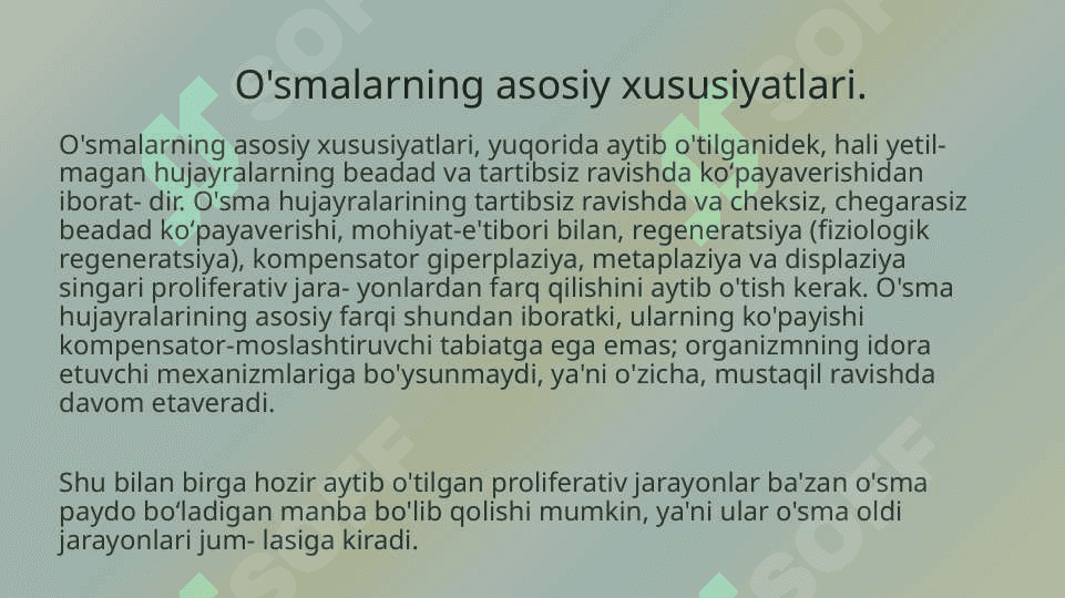Neoplaziya. Kanserogenezni molekulyar asoslari. O'sma o'sish biologiyasi: yaxshi sifatli va yomon sifatli o'smalar. Kanserogen agentlar va ularning hujayralar bilan o'zaro ta'siri. O'smaning klinik xususiyatlari. O'smaning organizmga ta'siri. (Epitelial o'smalar) mezenximal va neyroektodermal o'smalar. 5