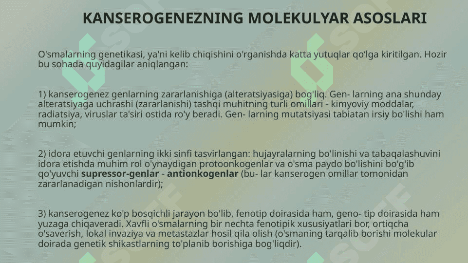 Neoplaziya. Kanserogenezni molekulyar asoslari. O'sma o'sish biologiyasi: yaxshi sifatli va yomon sifatli o'smalar. Kanserogen agentlar va ularning hujayralar bilan o'zaro ta'siri. O'smaning klinik xususiyatlari. O'smaning organizmga ta'siri. (Epitelial o'smalar) mezenximal va neyroektodermal o'smalar. 7