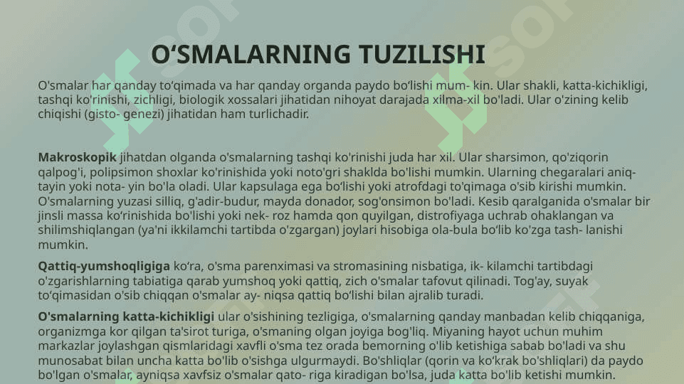Neoplaziya. Kanserogenezni molekulyar asoslari. O'sma o'sish biologiyasi: yaxshi sifatli va yomon sifatli o'smalar. Kanserogen agentlar va ularning hujayralar bilan o'zaro ta'siri. O'smaning klinik xususiyatlari. O'smaning organizmga ta'siri. (Epitelial o'smalar) mezenximal va neyroektodermal o'smalar. 8