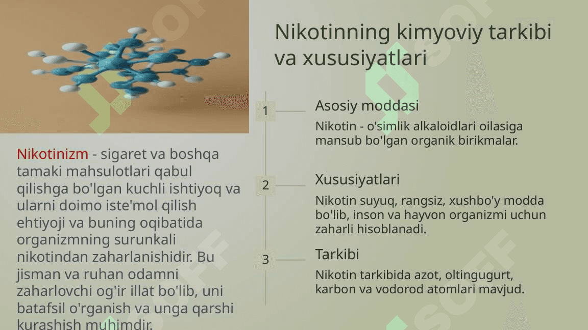 Nikotinizm va uning asoslari.Nikotinizmning o’smirlar va ayollar organizmiga ta’siri. 3