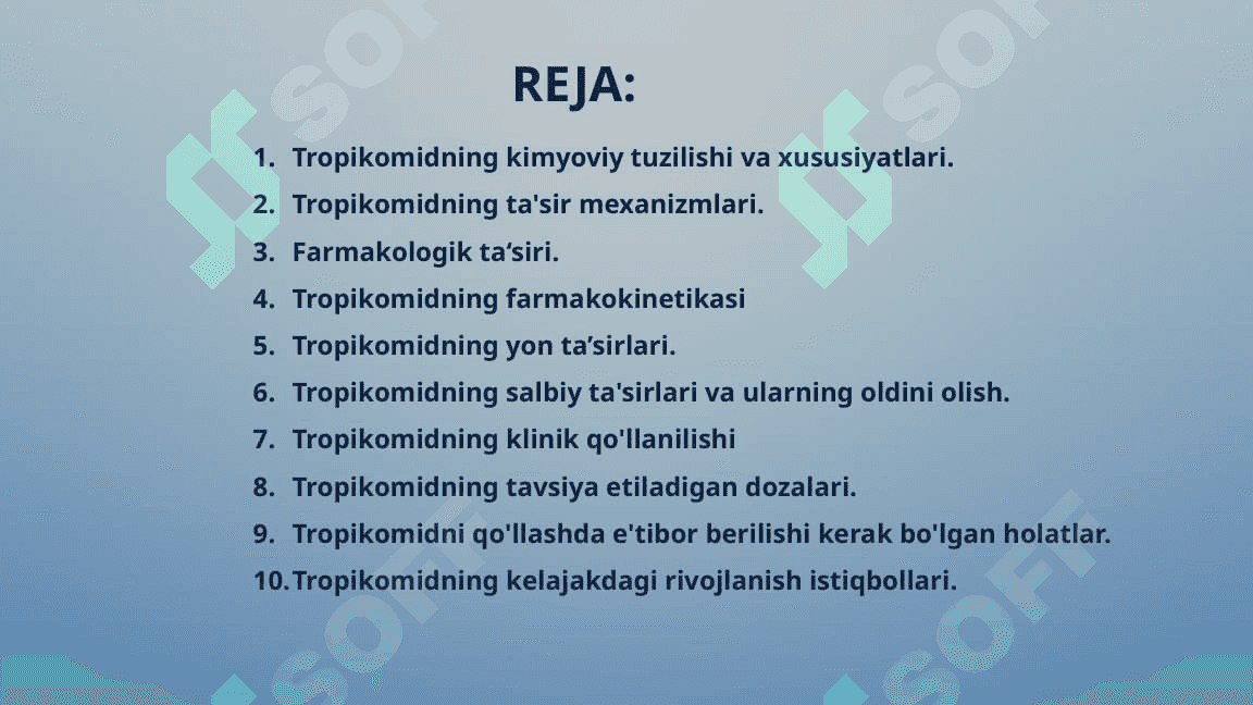 Tropikomid dori vositasining farmakologiyasi. 2