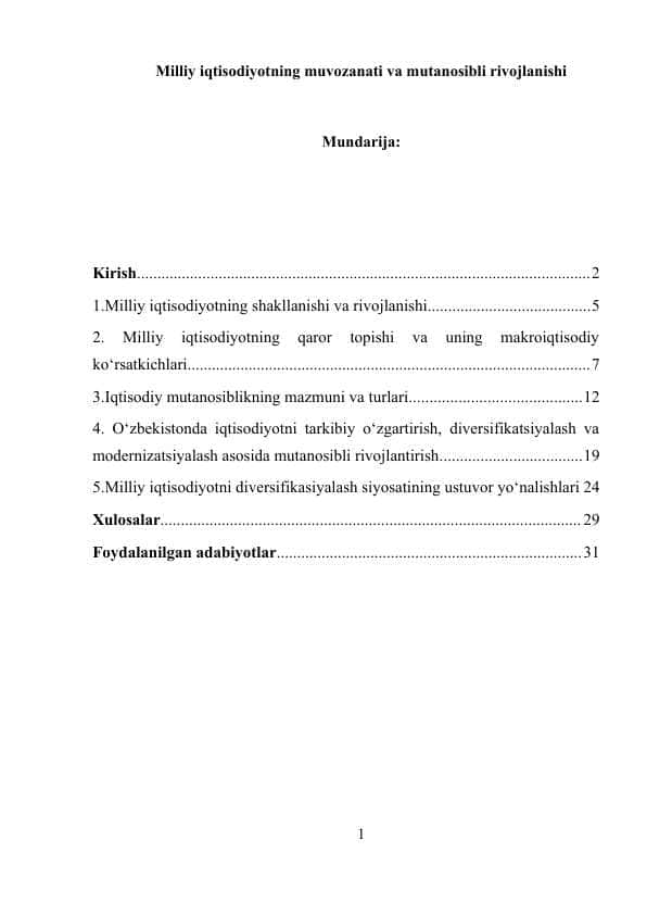 Milliy iqtisodiyotning muvozanati va mutanosibli rivojlanishi
