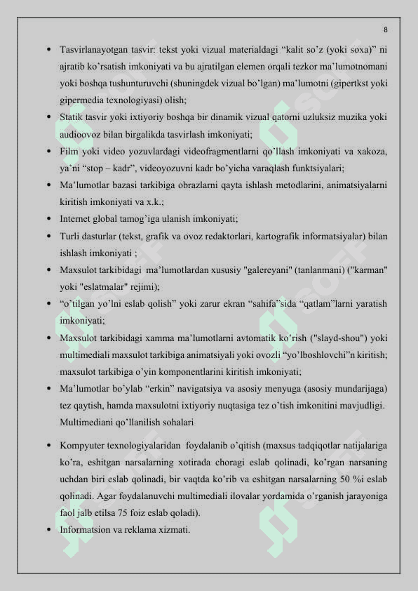 Multimediya texnologiyasi va undan o’quv jarayonida foydalanish. 8