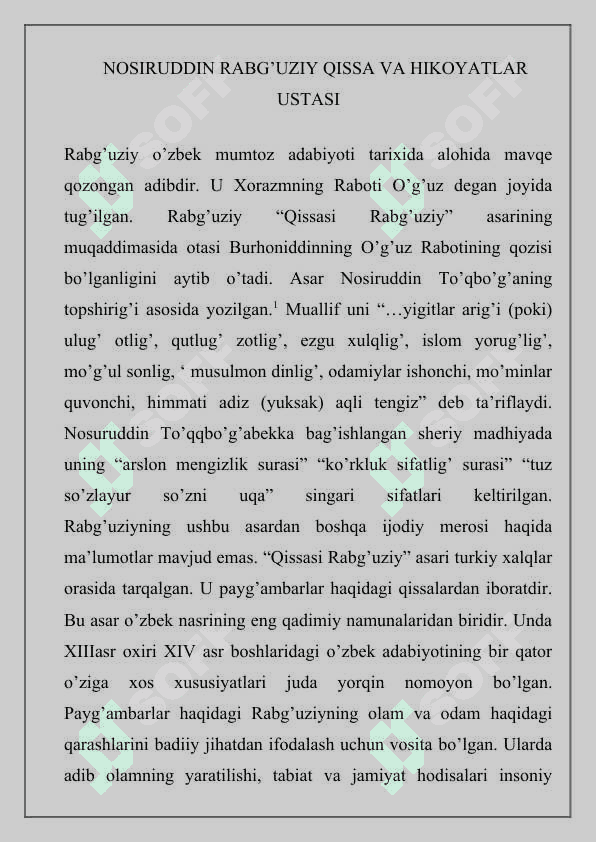 Qissasi Rabg’uziy (Qissasul-anbiyo) o’zbek badiiy nasrining ilk namunasi sifatida 4