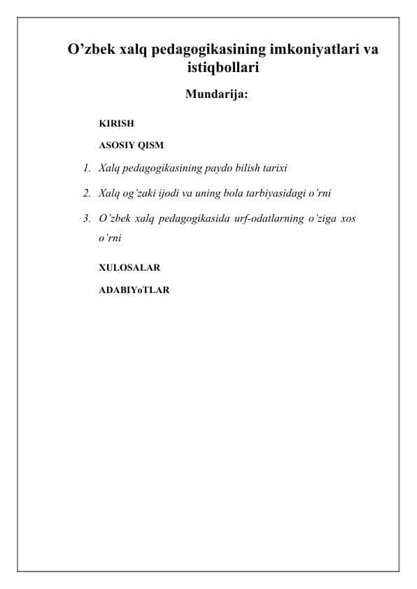 O’zbek xalq  pedagogikasining imkoniyatlari va istiqbollari