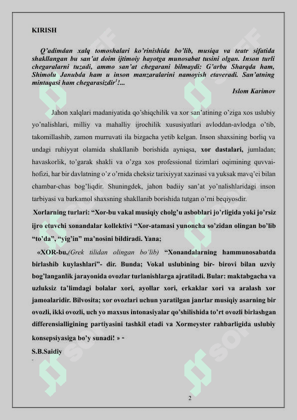 O’zbekistonda xor madaniyatining shakllanishi va 2