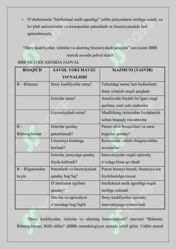 Ilmiy kashfoyotlar,ixtirolar va ularning litsenziyalash “BBB” metodi orqali asoslash 2