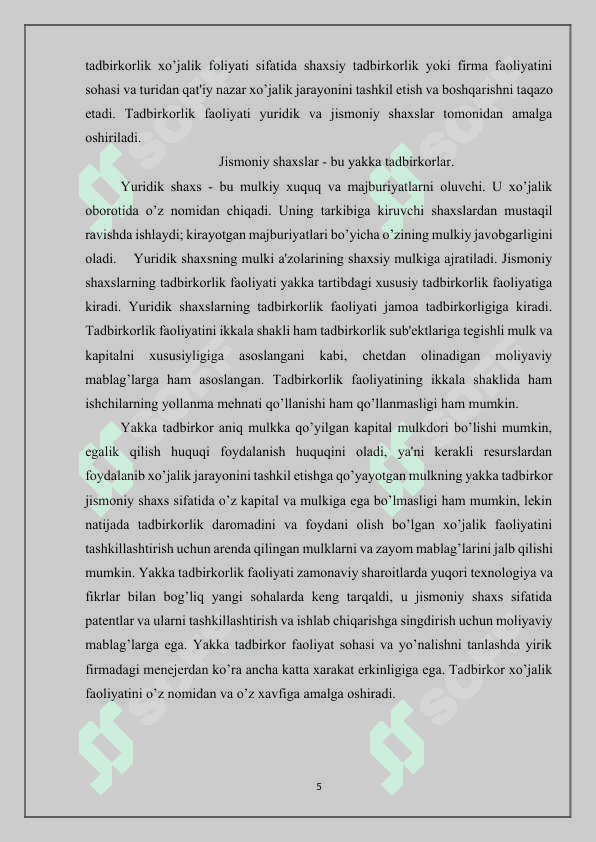Tadbirkorlik faoliyati uning turlari va asosiy belgilari 5