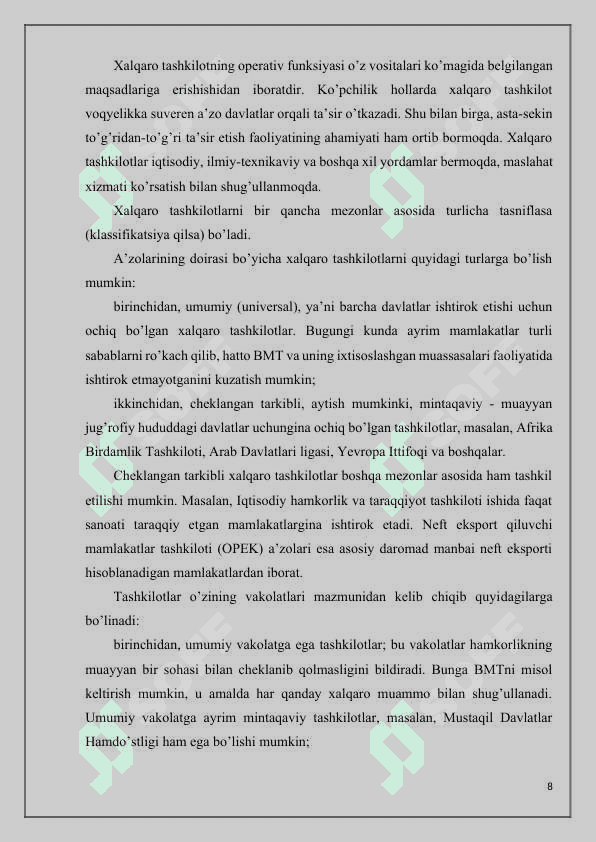 Xalqaro tashkilotlarning asosiy funksiyalari 8
