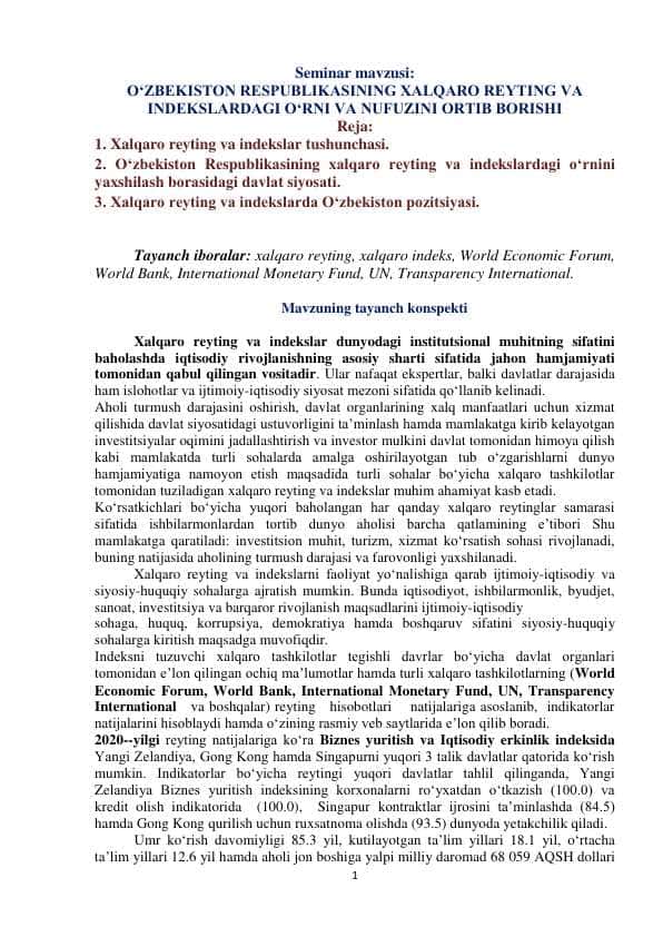 O‘ZBЕKISTОN RЕSPUBLIKАSINING XАLQАRО RЕYTING VА  INDЕKSLАRDАGI O‘RNI VА NUFUZINI ОRTIB BОRISHI