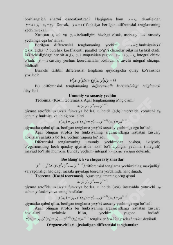. Differensial tenglamalar. Asosiy ta’rif va tushunchalar. Birinchi tartibli  differensial tenglamalar. Birinchi tartibli differensial tenglamalar: Bir jinsli funksiyalar va  bir jinsli, chiziqli, Bernulli differensial tenglamalari. 2
