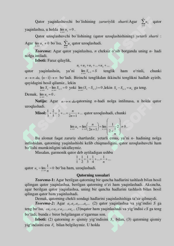 Sonli qatorlar. Qator yaqinlashuvining zaruriy va yetarli shartlari.  Funksional qatorlar. Darajali qatorlarning yaqinlashish radiusi. 2