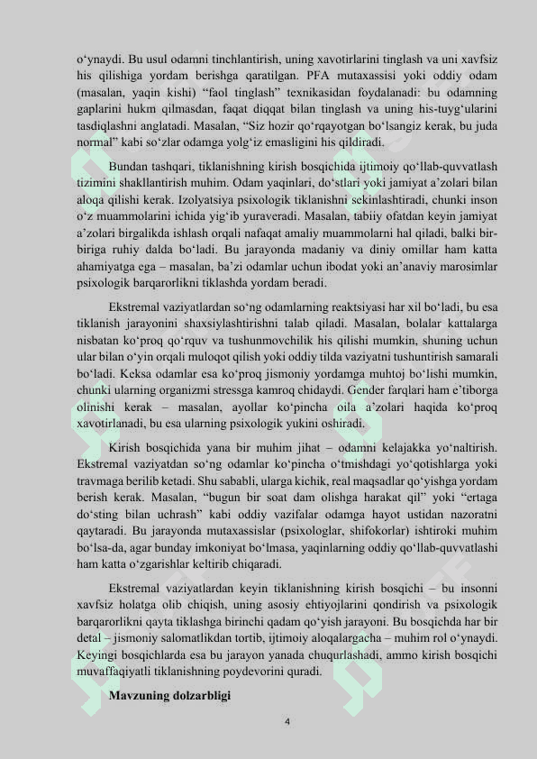 Mavzu: “Ekstremal vaziyatlarda jismoniy va psixologik tiklanish” kurs ishi 4
