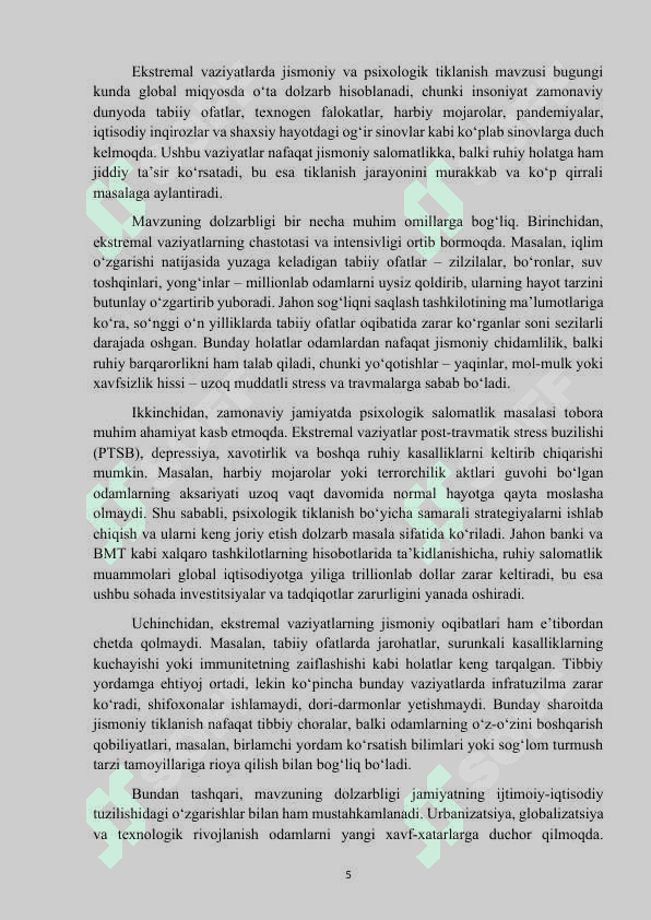 Mavzu: “Ekstremal vaziyatlarda jismoniy va psixologik tiklanish” kurs ishi 5